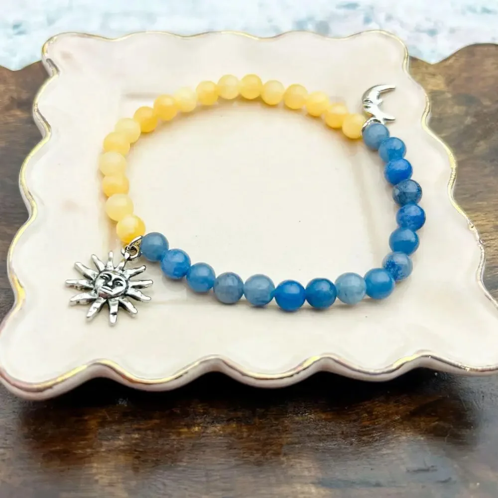 Sun Moon Bracelet Blue Aventurine Yellow Jade Stretch Beaded Celestial Jewelry